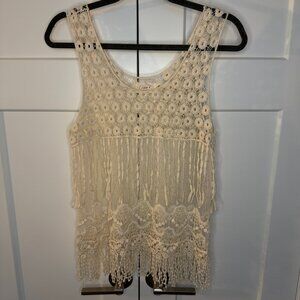 Crystal K Women's Crochet Fringe Tank Top Beige Sheer Shirt Boho Size Medium